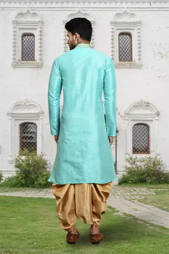 Lemon art silk solid kurta dhoti pants for men's indian traditional ethnic wear