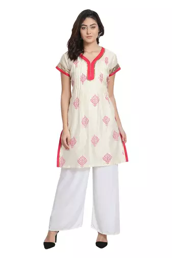 Ivory Cotton Silk Block Print Kurta