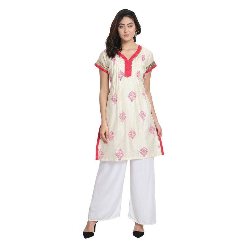 Ivory Cotton Silk Block Print Kurta