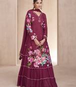Pure muslin digital printed wine festive wear lehenga style suit