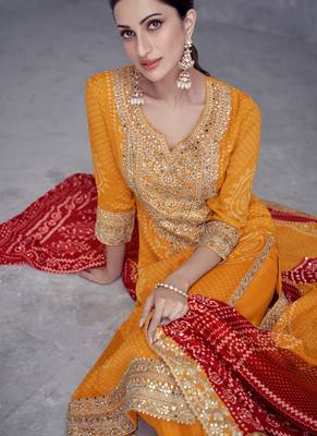 Chinon Yellow digital printed festive wear salwar suit 2