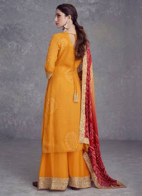 Chinon Yellow digital printed festive wear salwar suit 3