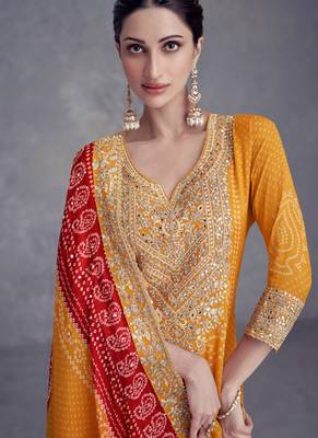 Chinon Yellow digital printed festive wear salwar suit 4