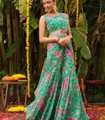 Janasya Women'S Green Georgette Floral Printed Ready To Wear Sharara Saree