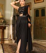 Janasya Women'S Black Georgette Sequined Ready To Wear Belted Saree With Blouse
