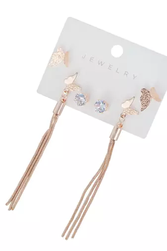 Wo  Set of 3 Rose-Gold-Plated Pear-Beaded Earrings 
