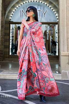 Pink Satin Silk Printed Work Contrast Border Saree Rich Pallu Saree With Blouse For Women 1