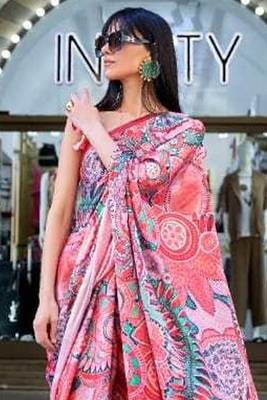 Pink Satin Silk Printed Work Contrast Border Saree Rich Pallu Saree With Blouse For Women 2