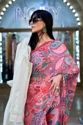 Pink Satin Silk Printed Work Contrast Border Saree Rich Pallu Saree With Blouse For Women 3