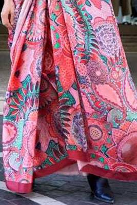 Pink Satin Silk Printed Work Contrast Border Saree Rich Pallu Saree With Blouse For Women 4