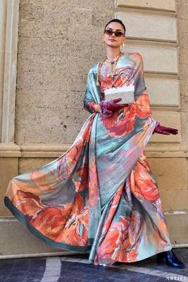 Orange Satin Silk Printed Work Contrast Border Saree Rich Pallu Saree With Blouse For Women 1