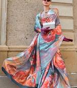 Orange Satin Silk Printed Work Contrast Border Saree Rich Pallu Saree With Blouse For Women