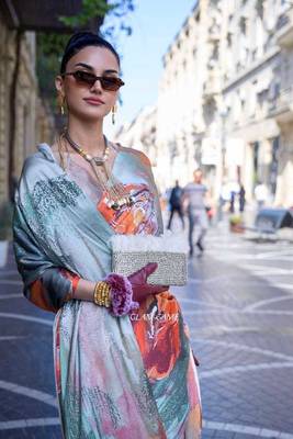 Orange Satin Silk Printed Work Contrast Border Saree Rich Pallu Saree With Blouse For Women 2