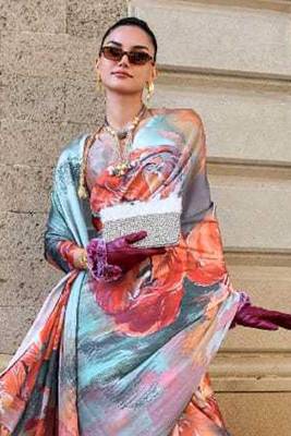 Orange Satin Silk Printed Work Contrast Border Saree Rich Pallu Saree With Blouse For Women 3