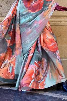 Orange Satin Silk Printed Work Contrast Border Saree Rich Pallu Saree With Blouse For Women 4