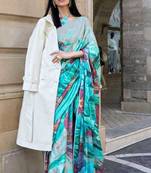 Sky Blue Satin Silk Printed Work Contrast Border Saree Rich Pallu Saree With Blouse For Women