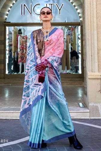 Sea Blue Satin Silk Printed Work Contrast Border Saree Rich Pallu Saree With Blouse For Women