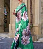 Green Satin Silk Printed Work Contrast Border Saree Rich Pallu Saree With Blouse For Women