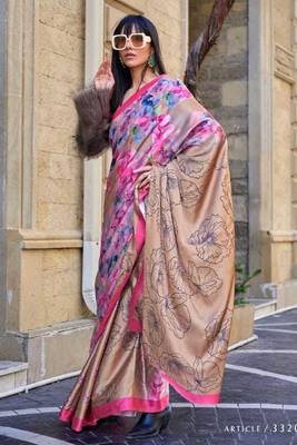 Cream Satin Silk Printed Work Contrast Border Saree Rich Pallu Saree With Blouse For Women 1