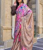 Cream Satin Silk Printed Work Contrast Border Saree Rich Pallu Saree With Blouse For Women