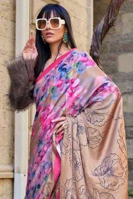 Cream Satin Silk Printed Work Contrast Border Saree Rich Pallu Saree With Blouse For Women 3