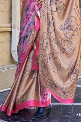 Cream Satin Silk Printed Work Contrast Border Saree Rich Pallu Saree With Blouse For Women 4