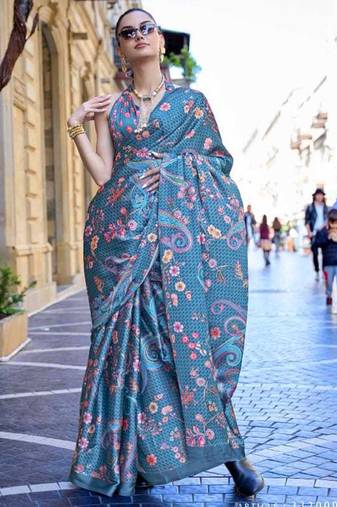 Blue Satin Silk Printed Work Contrast Border Saree Rich Pallu Saree With Blouse For Women