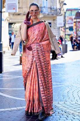 Peach Satin Silk Printed Work Contrast Border Saree Rich Pallu Saree With Blouse For Women 1