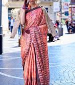 Peach Satin Silk Printed Work Contrast Border Saree Rich Pallu Saree With Blouse For Women