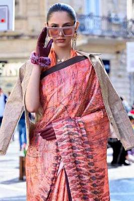 Peach Satin Silk Printed Work Contrast Border Saree Rich Pallu Saree With Blouse For Women 2