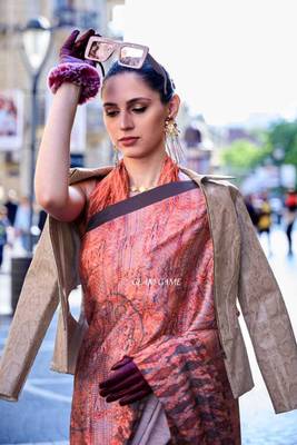 Peach Satin Silk Printed Work Contrast Border Saree Rich Pallu Saree With Blouse For Women 3