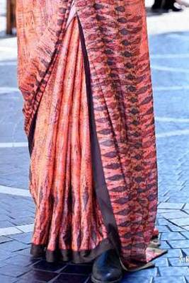 Peach Satin Silk Printed Work Contrast Border Saree Rich Pallu Saree With Blouse For Women 4