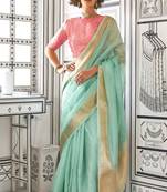 turquoise Bangali Chifforn with Zari Border and Weaving Pallu saree With Blouse