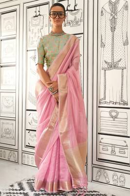 Pink Bangali Chifforn with Zari Border and Weaving Pallu saree With Blouse 1