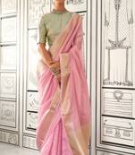 Pink Bangali Chifforn with Zari Border and Weaving Pallu saree With Blouse