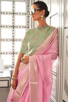 Pink Bangali Chifforn with Zari Border and Weaving Pallu saree With Blouse 2