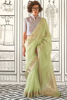 Green Bangali Chifforn with Zari Border and Weaving Pallu saree With Blouse 1