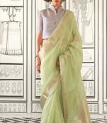 Green Bangali Chifforn with Zari Border and Weaving Pallu saree With Blouse