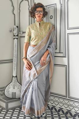 Grey Bangali Chifforn with Zari Border and Weaving Pallu saree With Blouse 1