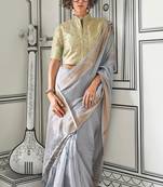 Grey Bangali Chifforn with Zari Border and Weaving Pallu saree With Blouse