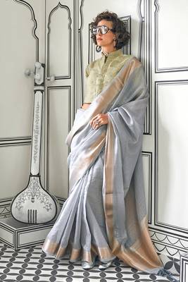 Grey Bangali Chifforn with Zari Border and Weaving Pallu saree With Blouse 2