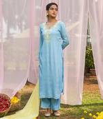 Blue hand embroidery silk kurta set