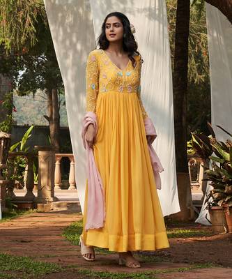Yellow hand embroidery georgette kurta set 1
