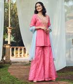 Pink hand embroidery habutai silk  sharara set