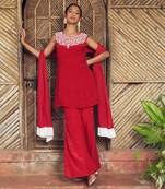 Red hand embroidery crepe kurta set