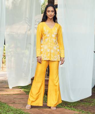 Yellow hand embroidery silk co-ord set 1