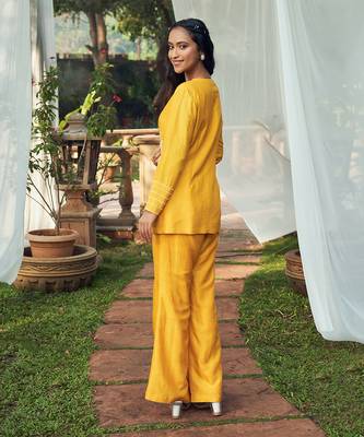 Yellow hand embroidery silk co-ord set 2