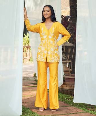 Yellow hand embroidery silk co-ord set 3