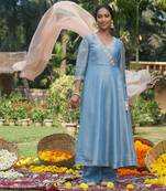 Blue hand embroidery tissue kurta set