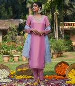 Pink hand embroidery tissue kurta set